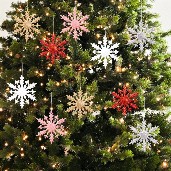 6Pcs Christmas Ornaments Snowflake Hanging Decorations Glittery 3D Iridescent for Christmas Tree - Red - 7