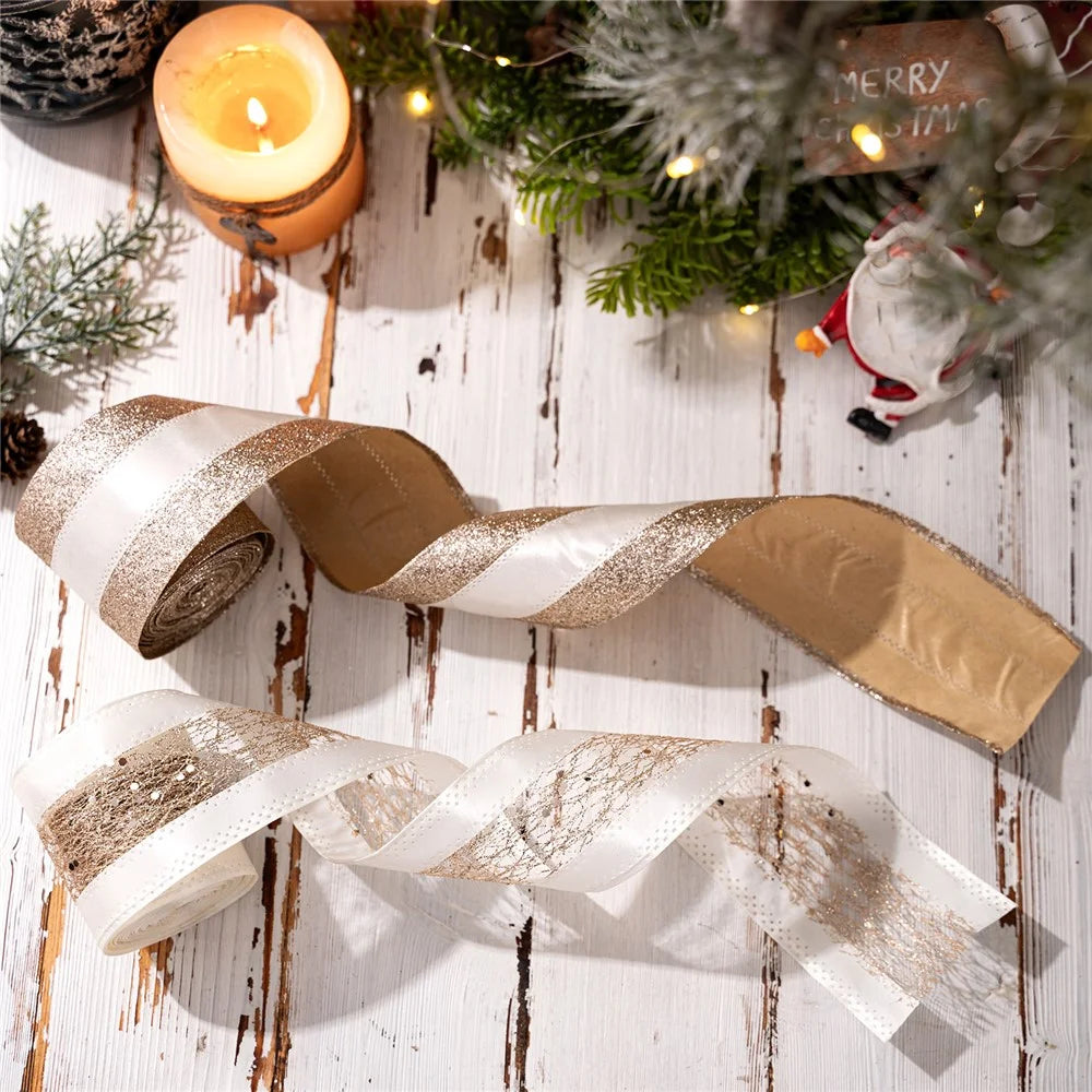 Christmas Ribbon Decorations European Style Gold Organza Mesh Garland for Holiday Decor Tree Gift Wrapping - Style B - 6