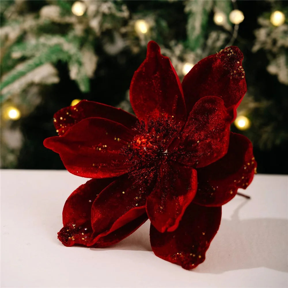 Christmas Tree Ornaments Glitter Poinsettia Decorations Hanging Flower Holiday Wreath Table Decor Gift - Red - 1