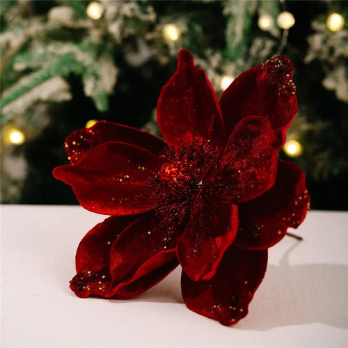 Christmas Tree Ornaments Glitter Poinsettia Decorations Hanging Flower Holiday Wreath Table Decor Gift - Red - 1