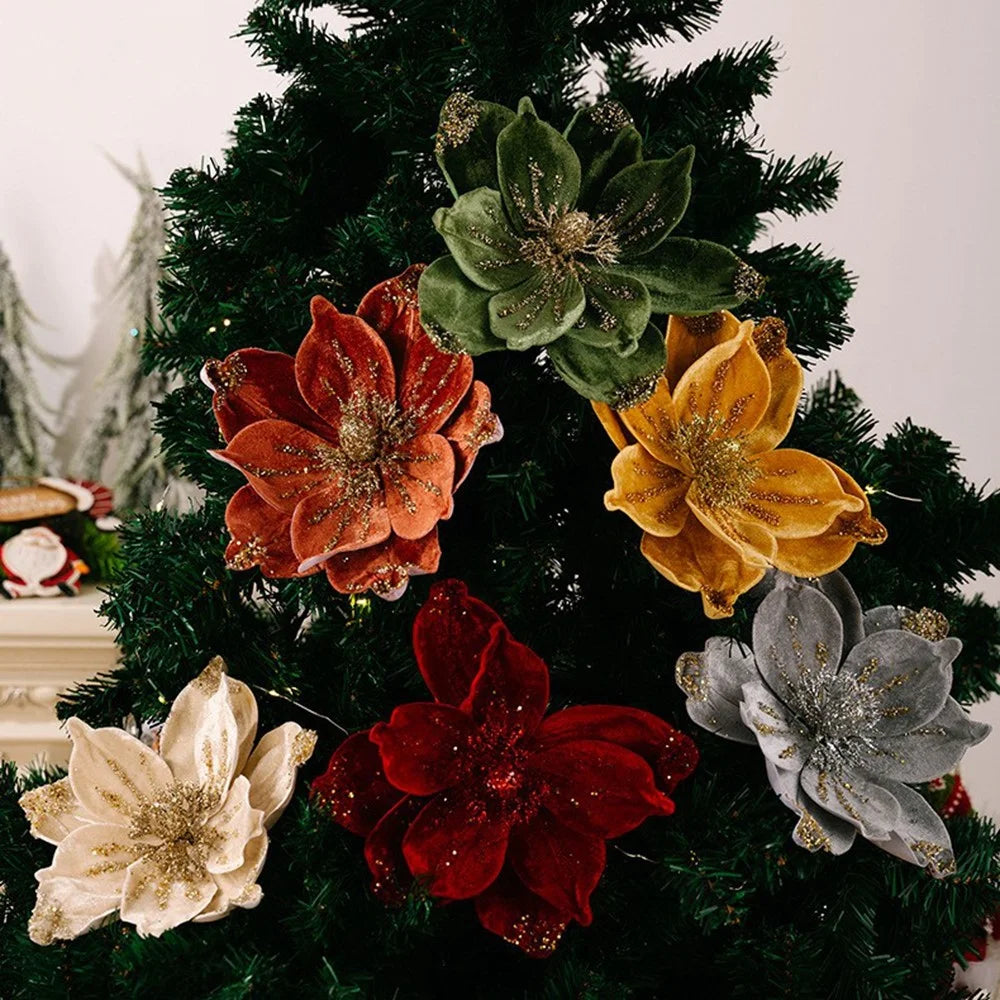 Christmas Tree Ornaments Glitter Poinsettia Decorations Hanging Flower Holiday Wreath Table Decor Gift - Red - 2