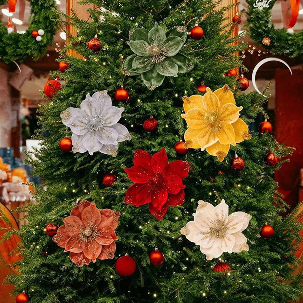 Christmas Tree Ornaments Glitter Poinsettia Decorations Hanging Flower Holiday Wreath Table Decor Gift - Red - 3