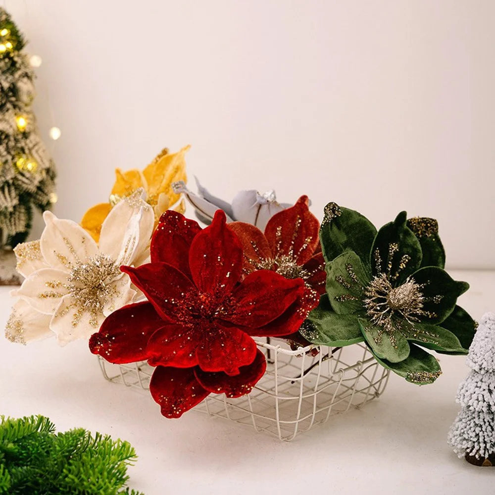 Christmas Tree Ornaments Glitter Poinsettia Decorations Hanging Flower Holiday Wreath Table Decor Gift - Red - 4