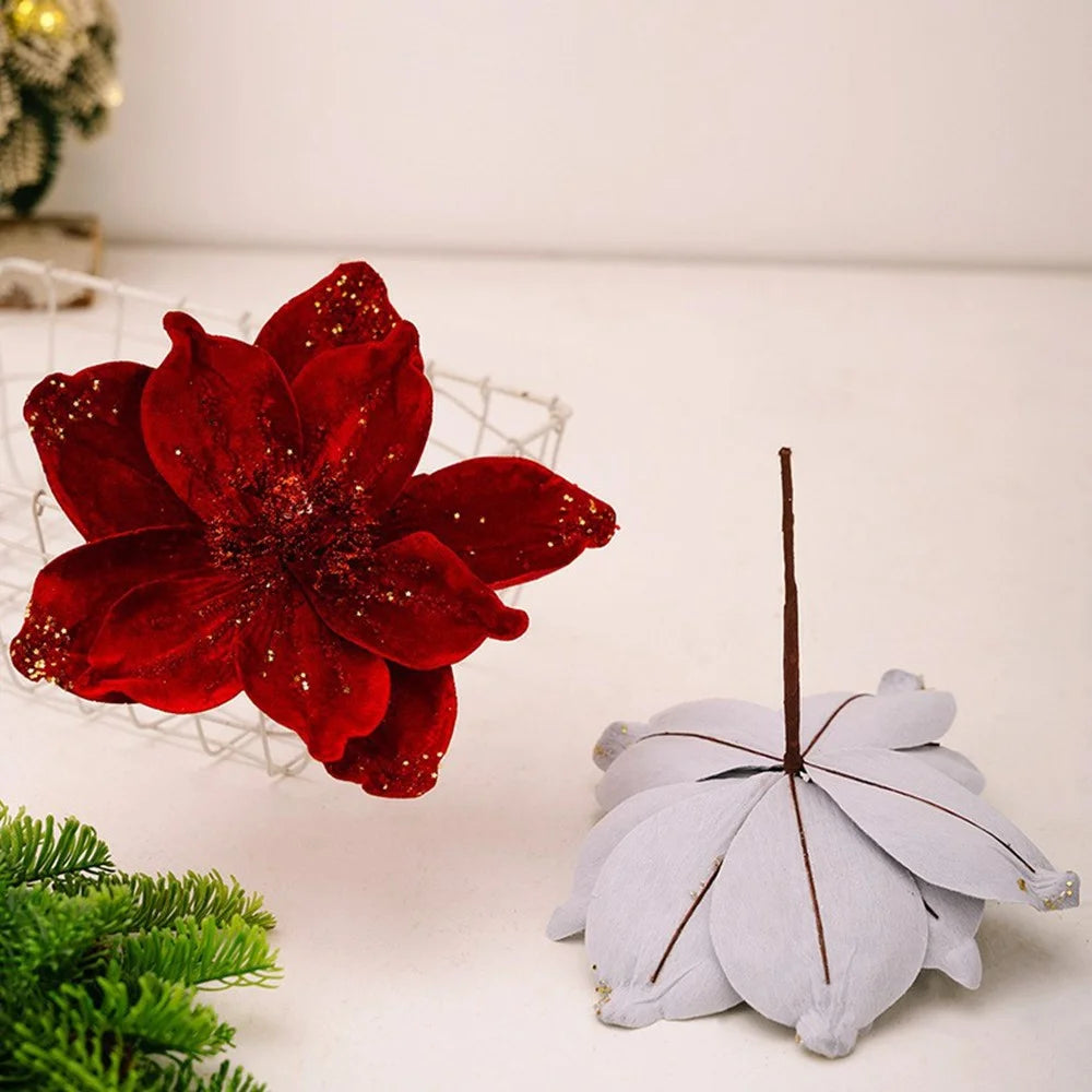 Christmas Tree Ornaments Glitter Poinsettia Decorations Hanging Flower Holiday Wreath Table Decor Gift - Red - 5
