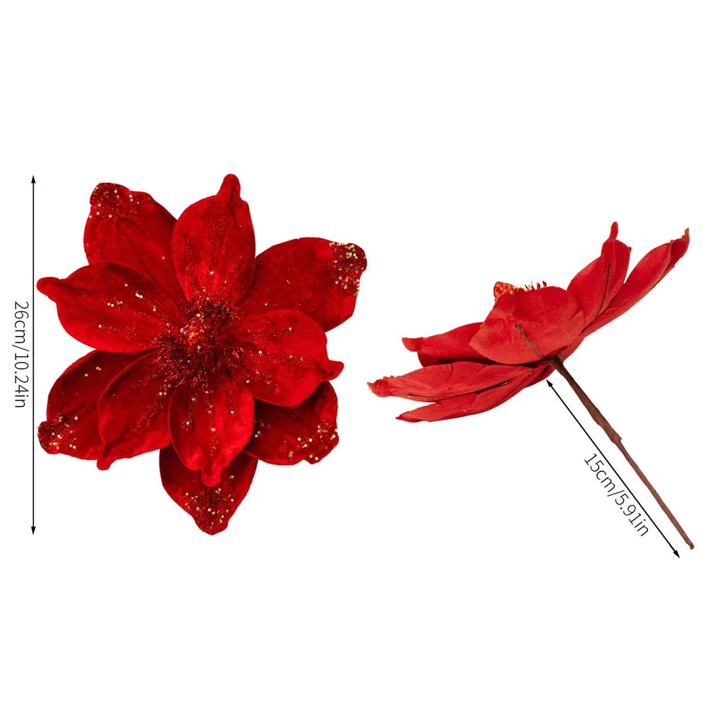 Christmas Tree Ornaments Glitter Poinsettia Decorations Hanging Flower Holiday Wreath Table Decor Gift - Red - 6