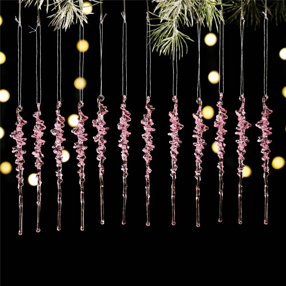 12Pcs Christmas Icicle Ornaments Acrylic Hanging Decorations Realistic Ice Crystal Pendants for Holiday Gift Atmosphere - Pink - 1
