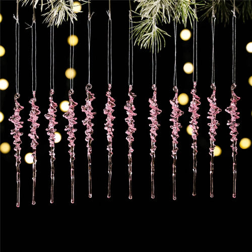 12Pcs Christmas Icicle Ornaments Acrylic Hanging Decorations Realistic Ice Crystal Pendants for Holiday Gift Atmosphere - Pink - 1
