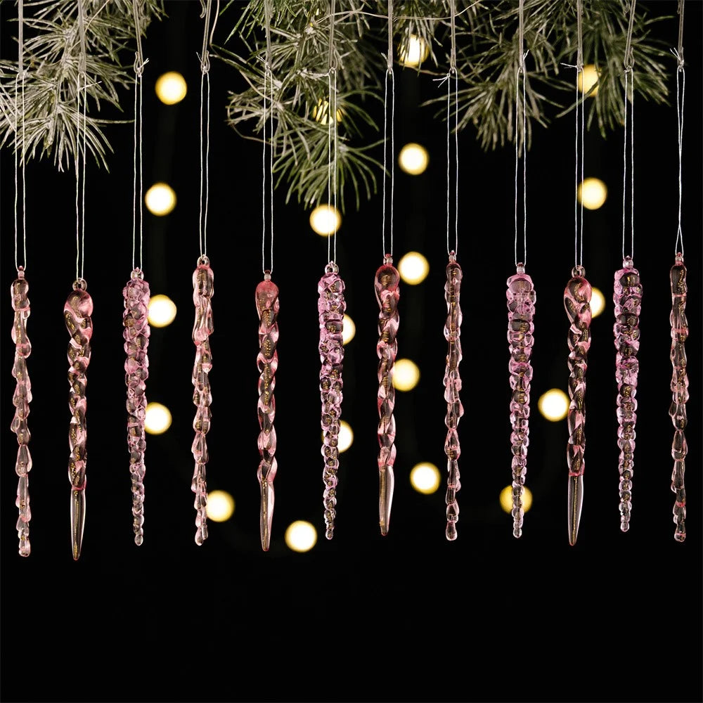 12Pcs Christmas Decorations Gift Acrylic Icicle Ornaments Realistic Ice Drop Pendants Atmosphere Setting Ice Cone - Pink - 1