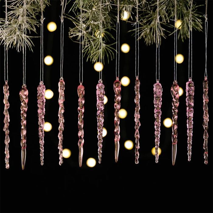 12Pcs Christmas Decorations Gift Acrylic Icicle Ornaments Realistic Ice Drop Pendants Atmosphere Setting Ice Cone - Pink - 1