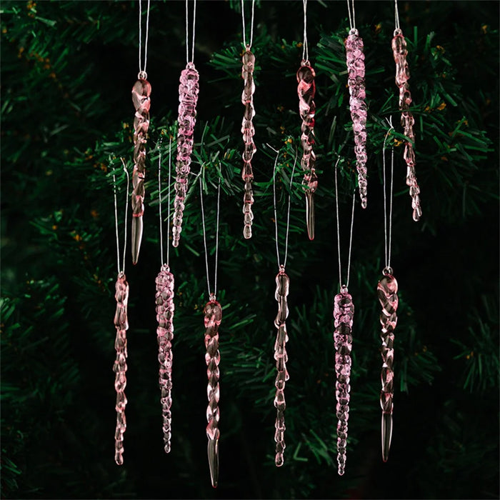12Pcs Christmas Decorations Gift Acrylic Icicle Ornaments Realistic Ice Drop Pendants Atmosphere Setting Ice Cone - Pink - 2