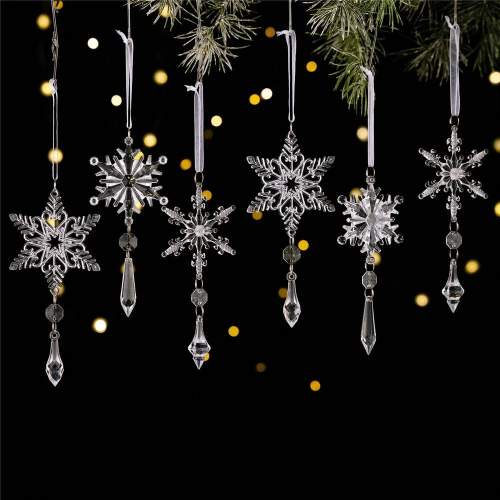 6Pcs Christmas Snowflake Ornaments Crystal Hanging Decorations Winter Holiday Gift Party Tree Garland - Transparent - 1