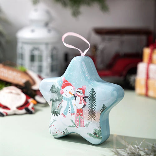 Christmas Candy Tin Box with Hanging Rope Decorative Storage Container Cartoon Design for Holiday Gift Decor - Style A - 1