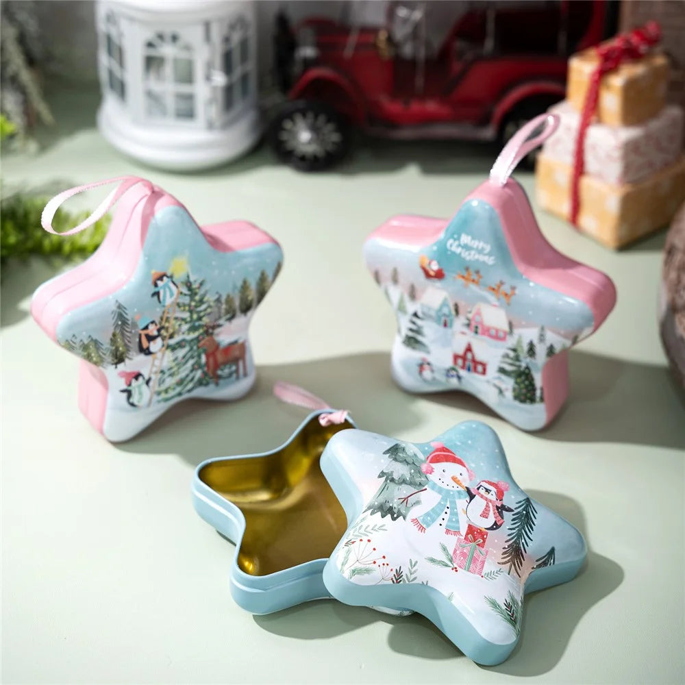 Christmas Candy Tin Box with Hanging Rope Decorative Storage Container Cartoon Design for Holiday Gift Decor - Style A - 2