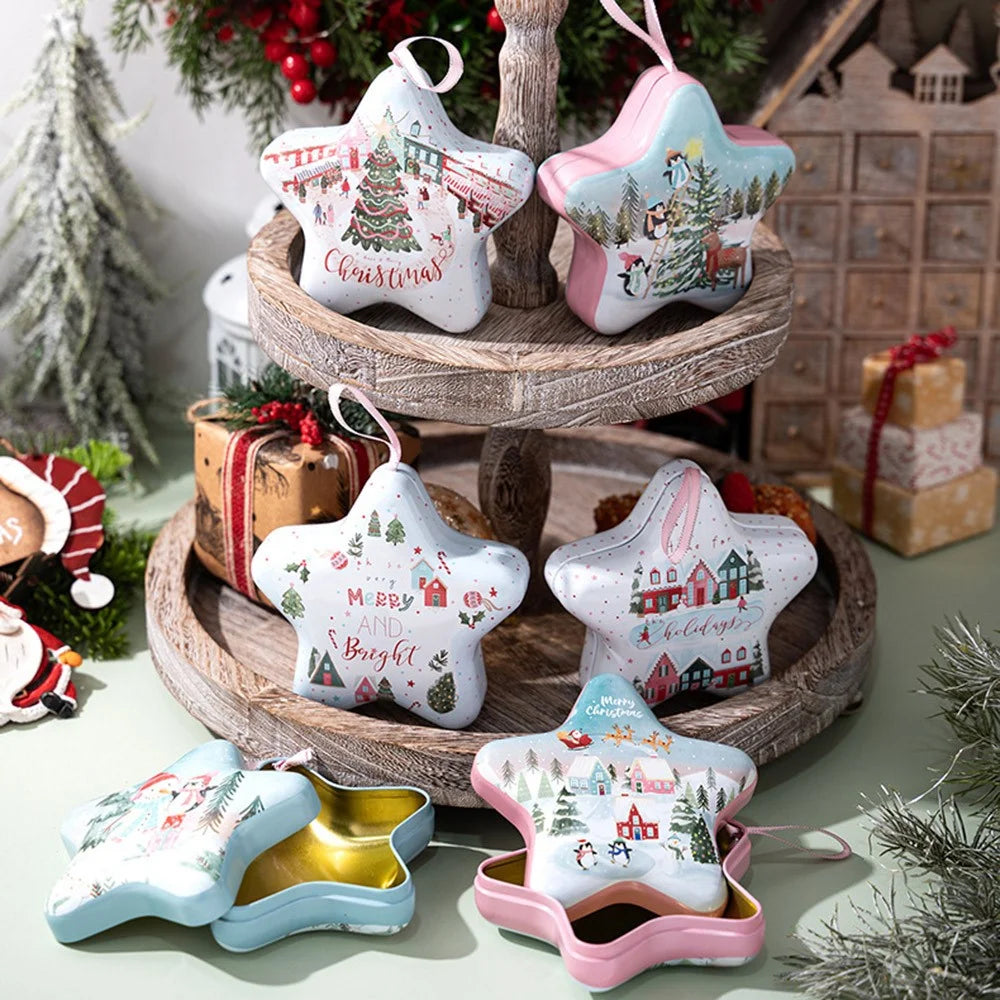 Christmas Candy Tin Box with Hanging Rope Decorative Storage Container Cartoon Design for Holiday Gift Decor - Style A - 3