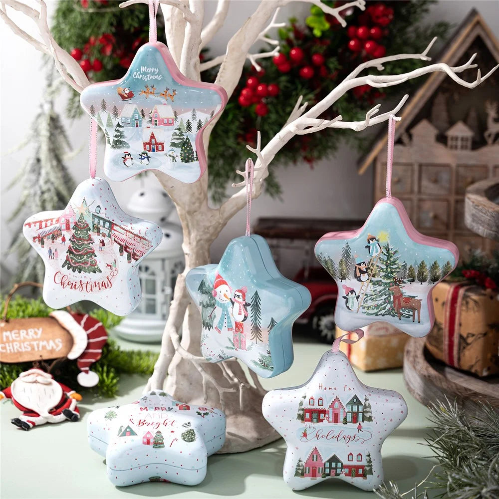 Christmas Candy Tin Box with Hanging Rope Decorative Storage Container Cartoon Design for Holiday Gift Decor - Style A - 4