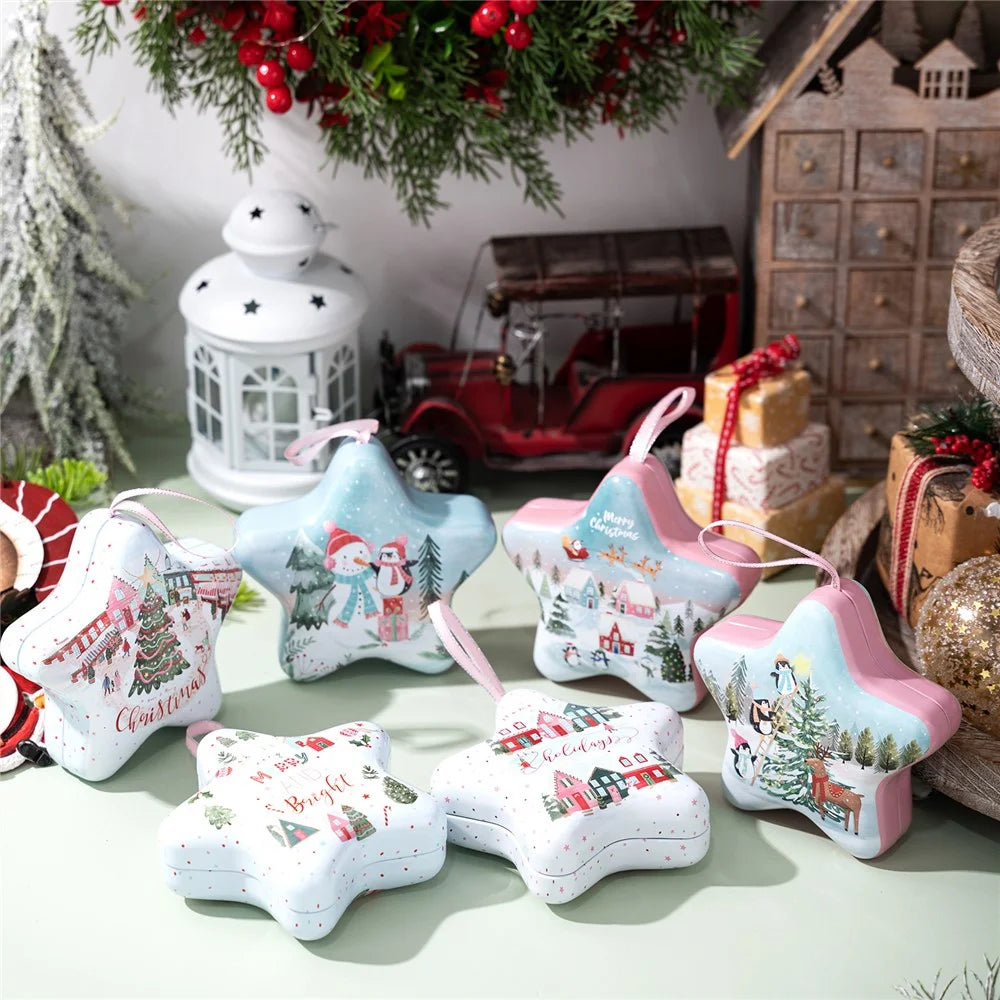 Christmas Candy Tin Box with Hanging Rope Decorative Storage Container Cartoon Design for Holiday Gift Decor - Style A - 5
