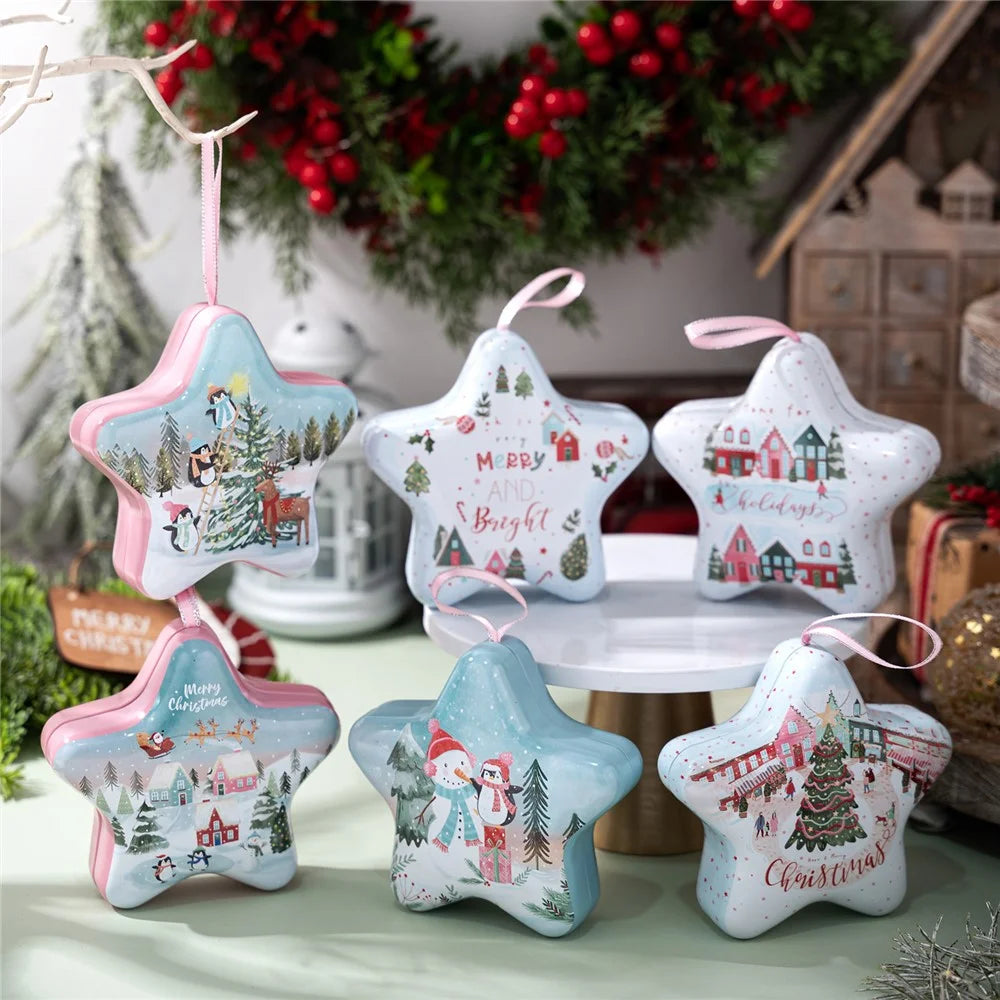 Christmas Candy Tin Box with Hanging Rope Decorative Storage Container Cartoon Design for Holiday Gift Decor - Style A - 6