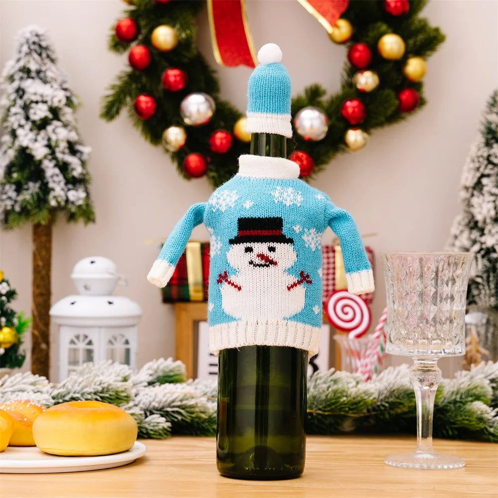 Christmas Wine Bottle Cover Knitted Sweater Decorative Sleeve Santa Snowman Design for Holiday Gift Party Decor - Style D - 1