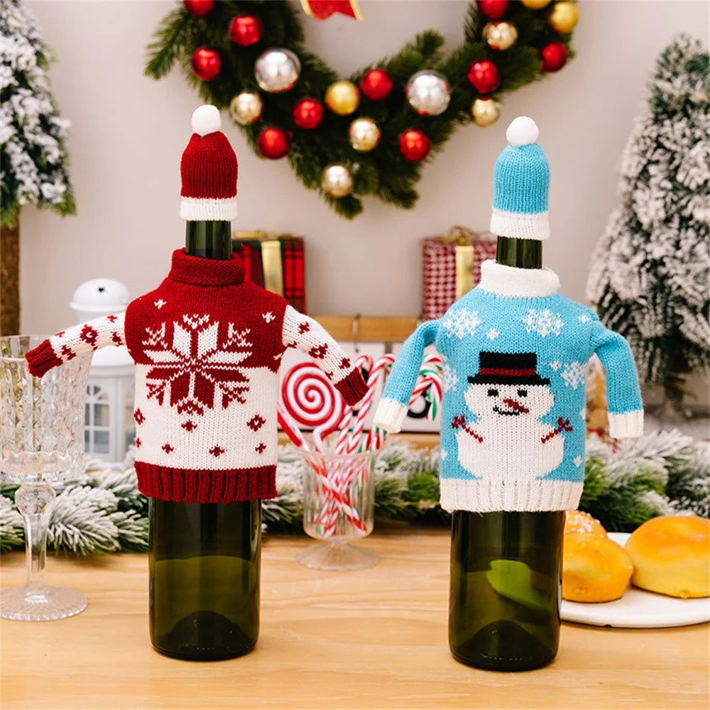 Christmas Wine Bottle Cover Knitted Sweater Decorative Sleeve Santa Snowman Design for Holiday Gift Party Decor - Style D - 2