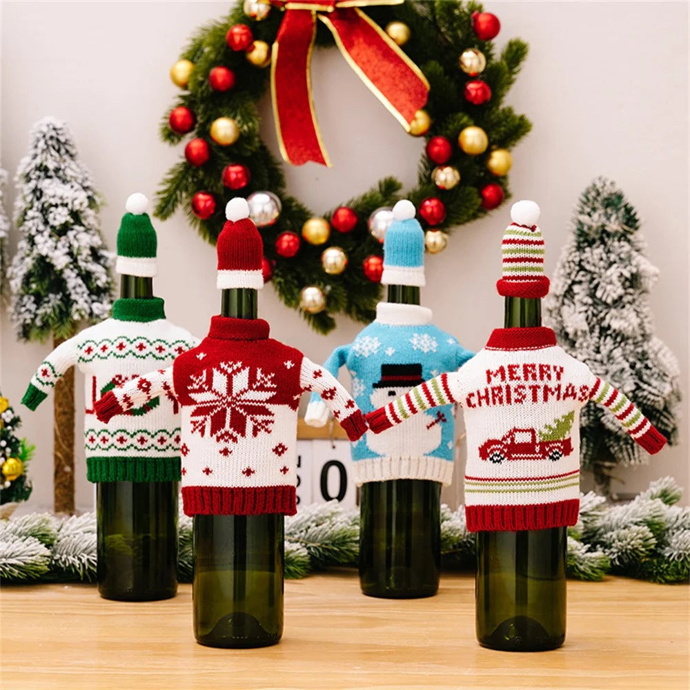 Christmas Wine Bottle Cover Knitted Sweater Decorative Sleeve Santa Snowman Design for Holiday Gift Party Decor - Style D - 3