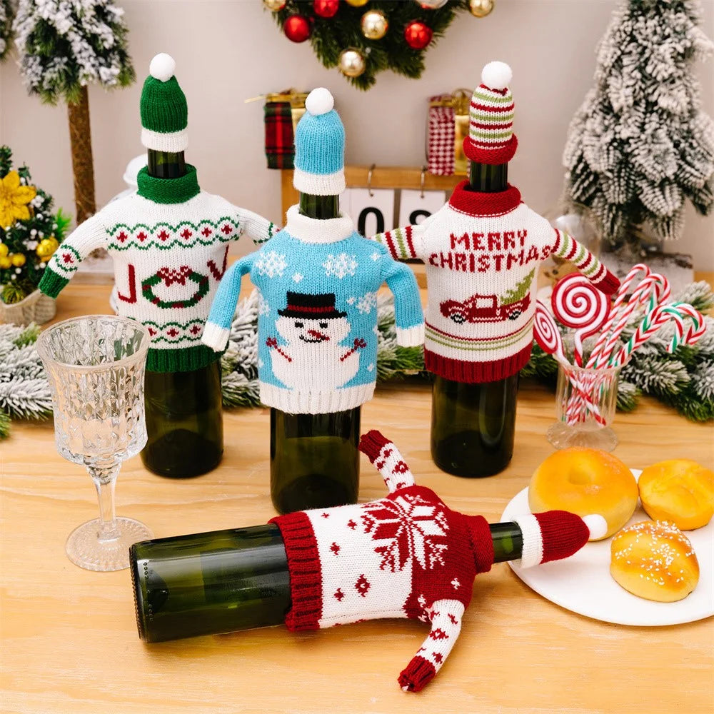 Christmas Wine Bottle Cover Knitted Sweater Decorative Sleeve Santa Snowman Design for Holiday Gift Party Decor - Style D - 4