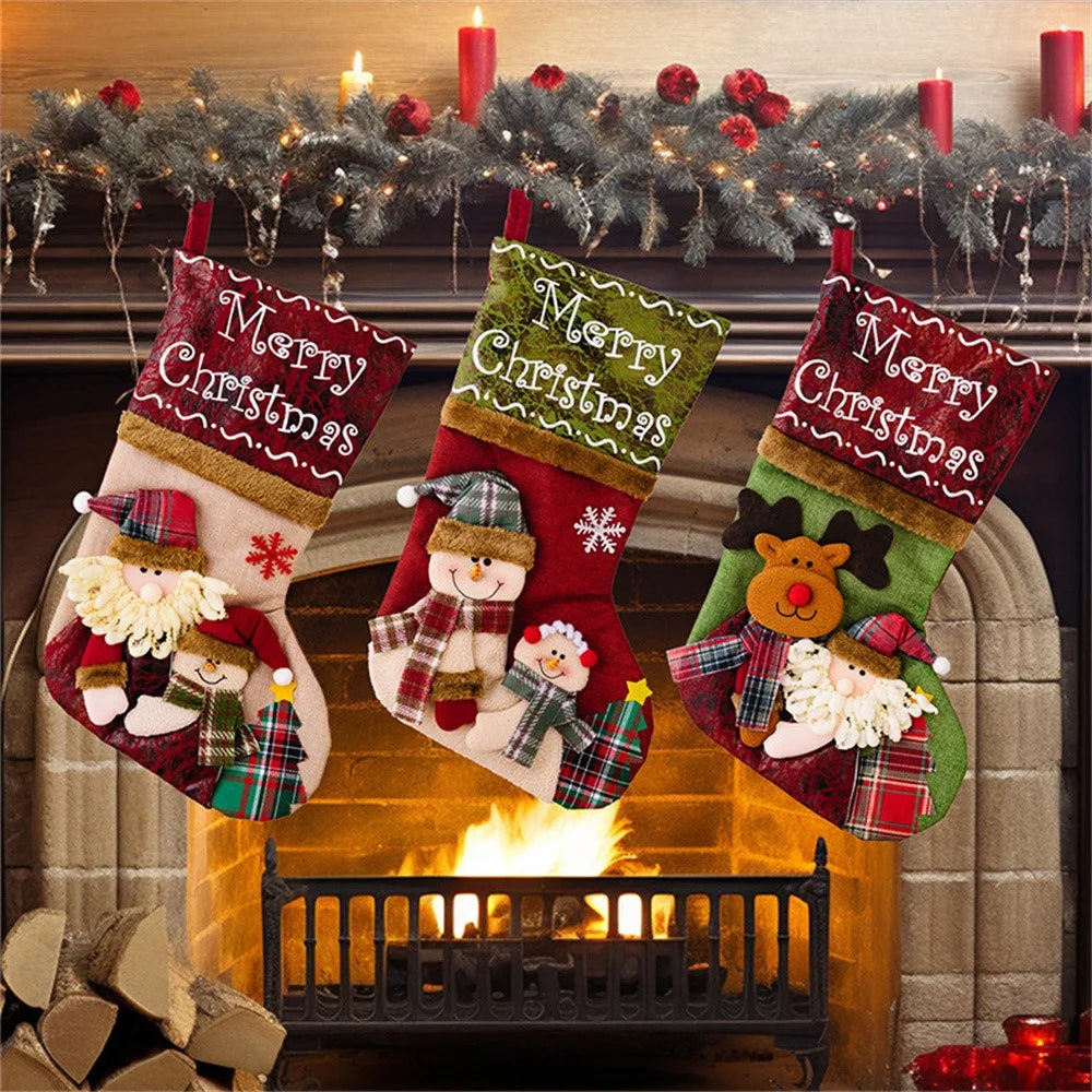 Christmas Stocking 3D Embroidered Design Large Gift Bag Xmas Sock for Children Holiday Decoration - Santa Claus - 4