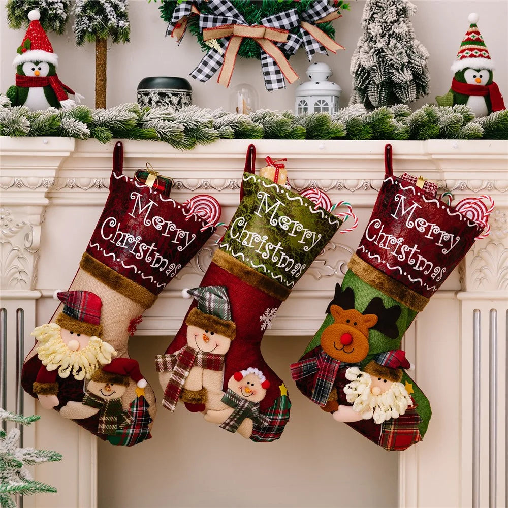Christmas Stocking 3D Embroidered Design Large Gift Bag Xmas Sock for Children Holiday Decoration - Santa Claus - 5