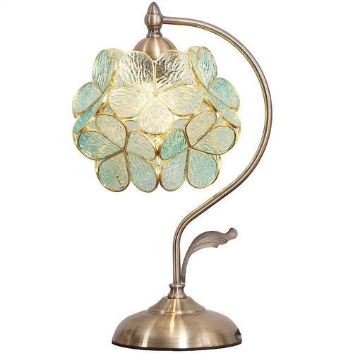 Flower Petal Table Lamp 3 Color Changing Romantic European Copper Light for Bedroom Cafe Desk Bedside Decor, EU Plug - Green - 1