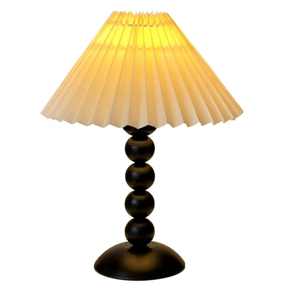 12W Bedside Table Lamp with 3 Brightness Levels, Nordic Style Ambient Light Decorative Pleated Night Light, EU Plug - Black / Beige Lamp Cover - 2