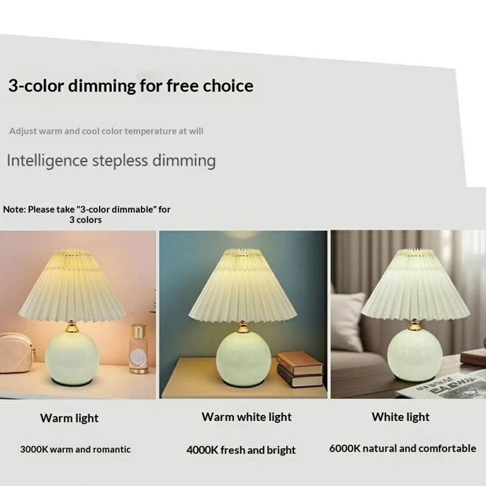 Nordic Pleated Table Lamp 7W 3 Color Dimming Eye Protection Night Light for Bedroom Living Room, EU Plug - Cream Color Base+Light Yellow Lampshade - 2