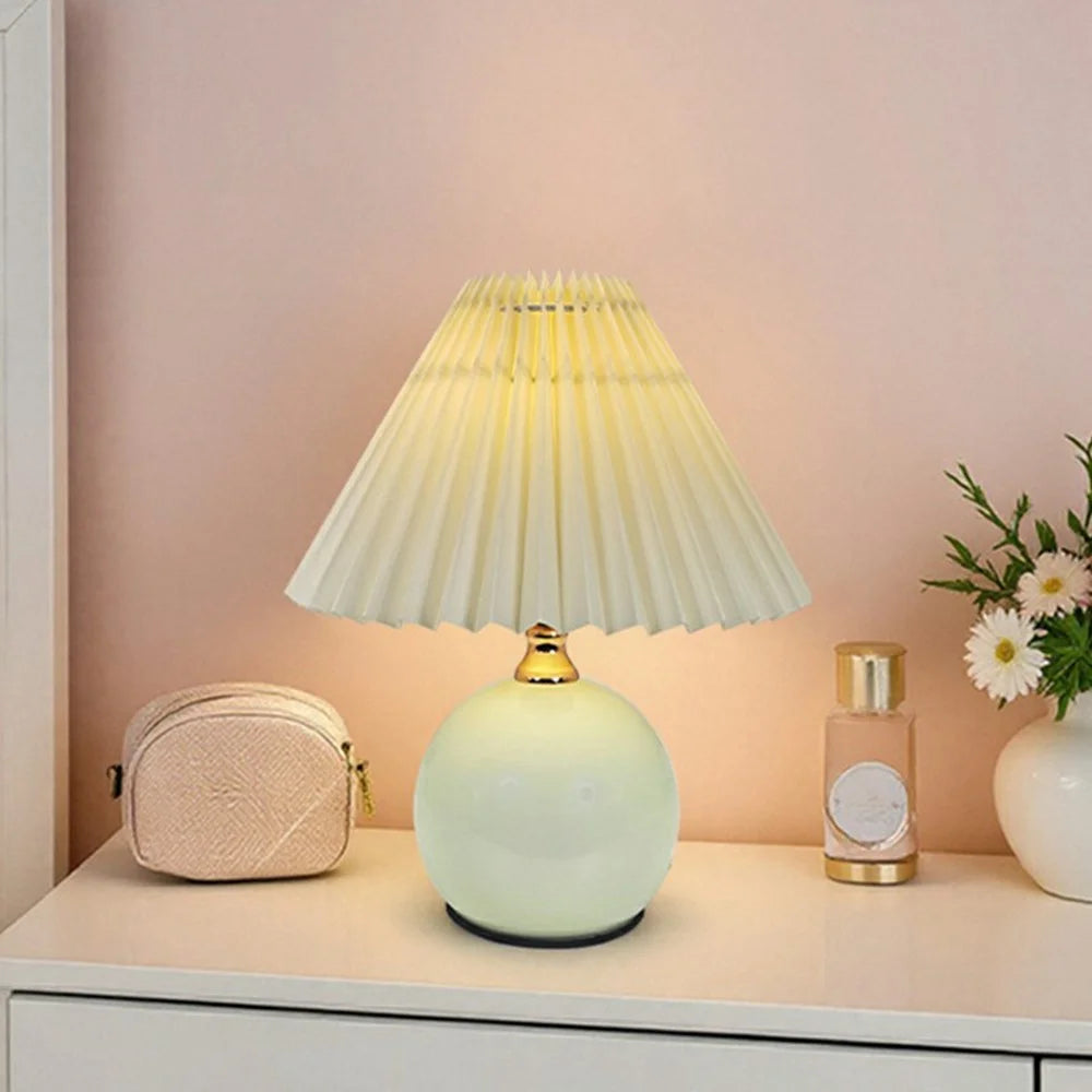 Nordic Pleated Table Lamp 7W 3 Color Dimming Eye Protection Night Light for Bedroom Living Room, EU Plug - Cream Color Base+Light Yellow Lampshade - 3