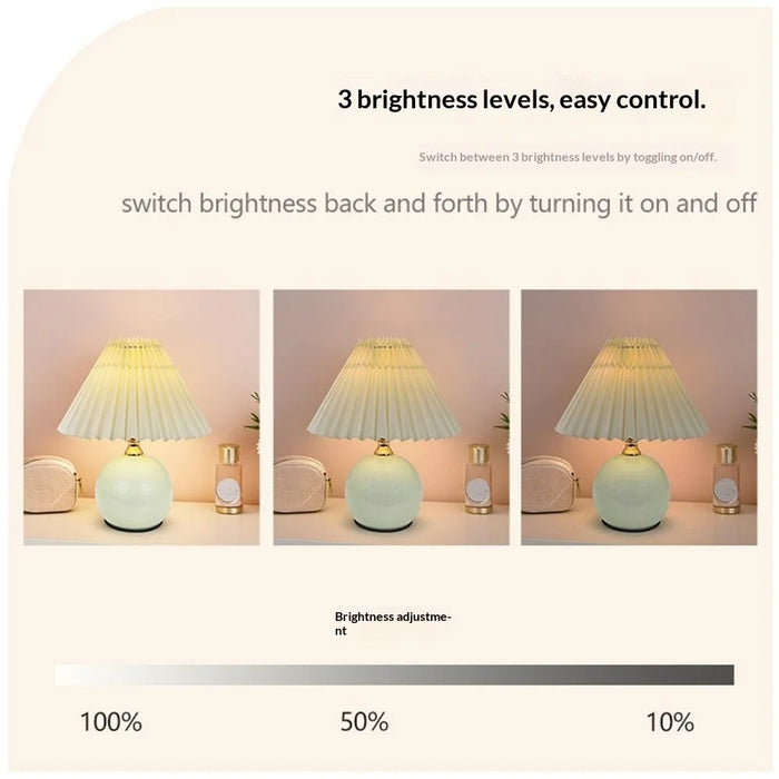 12W Pleated Table Lamp 3 Level Brightness Bedside Night Light Eye-Caring Flicker-Free Warm Light Lamp - Beige Lampshade  /  Cream Color Base, EU Plug - 5