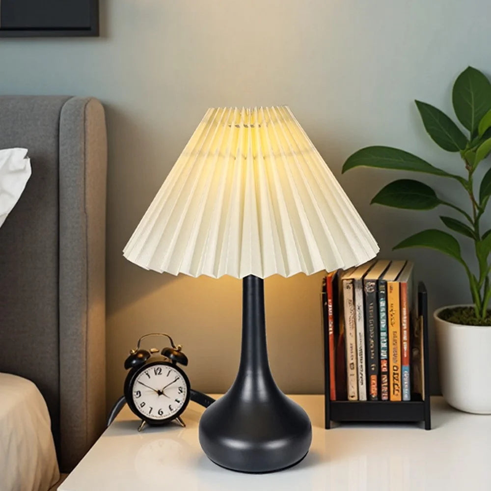 Pleated Table Lamp USB Plug In Warm Light Night Light Eye-Caring Flicker-Free LED Lamp with Metal Base - Beige Lampshade  /  Black - 2