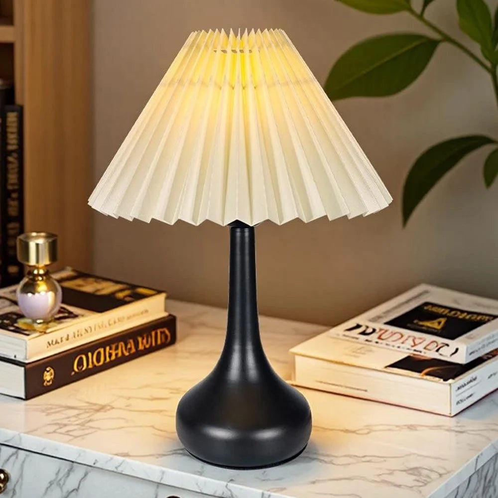 Pleated Table Lamp USB Plug In Warm Light Night Light Eye-Caring Flicker-Free LED Lamp with Metal Base - Beige Lampshade  /  Black - 3