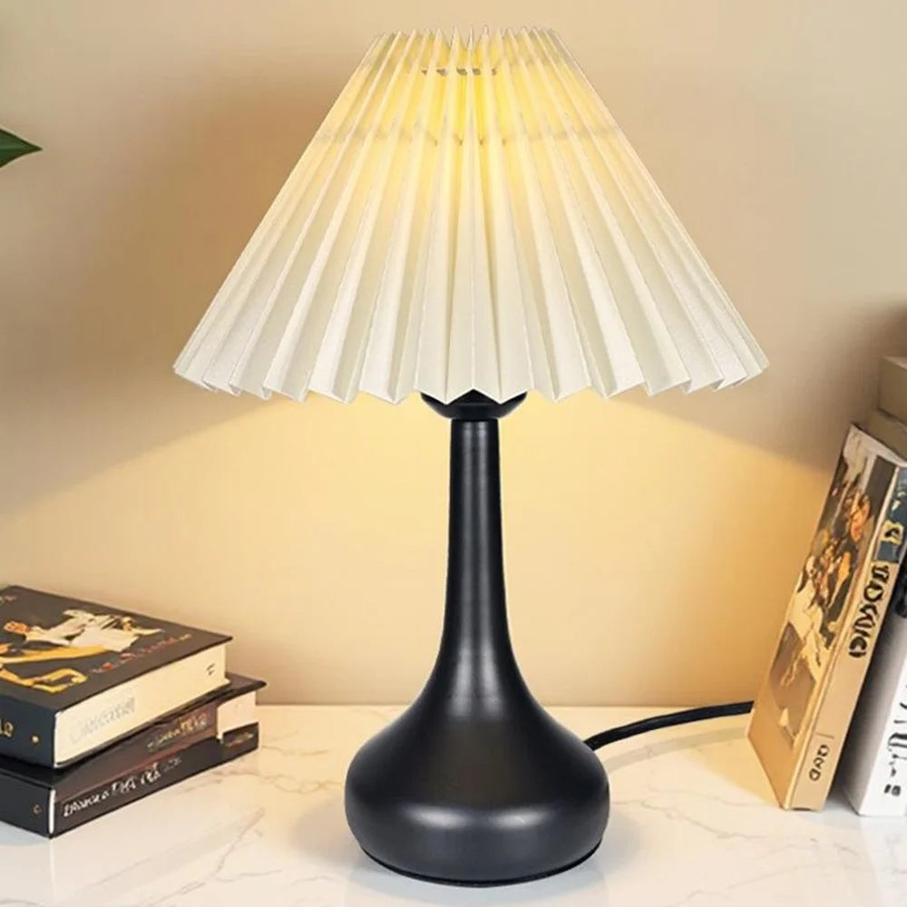 Pleated Table Lamp USB Plug In Warm Light Night Light Eye-Caring Flicker-Free LED Lamp with Metal Base - Beige Lampshade  /  Black - 5