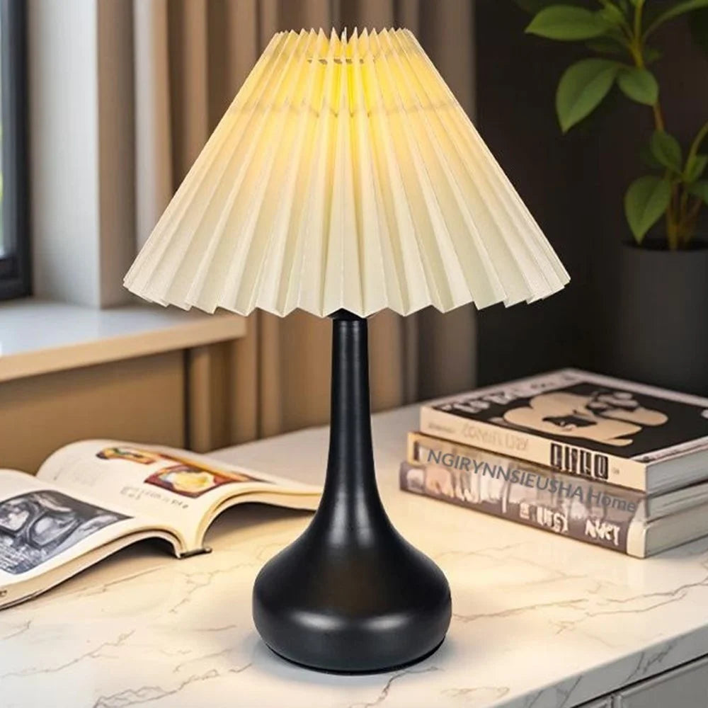 3 Color Mode Pleated Table Lamp USB Plug In Bedroom Bedside Ambient Lamp Eye-Caring Flicker-Free LED Light - Beige Lampshade  /  Black - 4