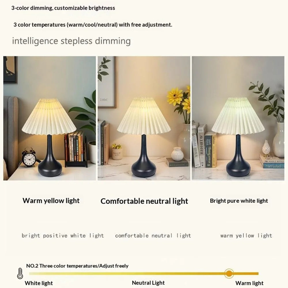 3 Color Mode Pleated Table Lamp USB Plug In Bedroom Bedside Ambient Lamp Eye-Caring Flicker-Free LED Light - Beige Lampshade  /  Black - 6