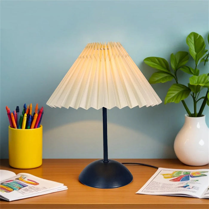 Pleated Table Lamp with 3 Color Modes + Stepless Dimming Metal Base Bedside Light USB Powered Night Light for Bedroom - Beige - 2