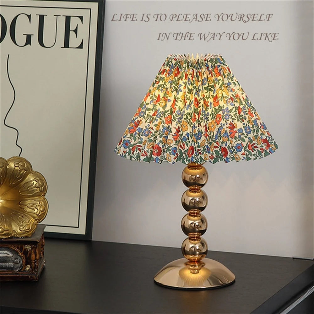 Pleated Table Lamp 7W 3-Color Adjustable Desk Light Bedside Ambient Lighting Gold Body Nordic Style, EU Plug - Floral - 2