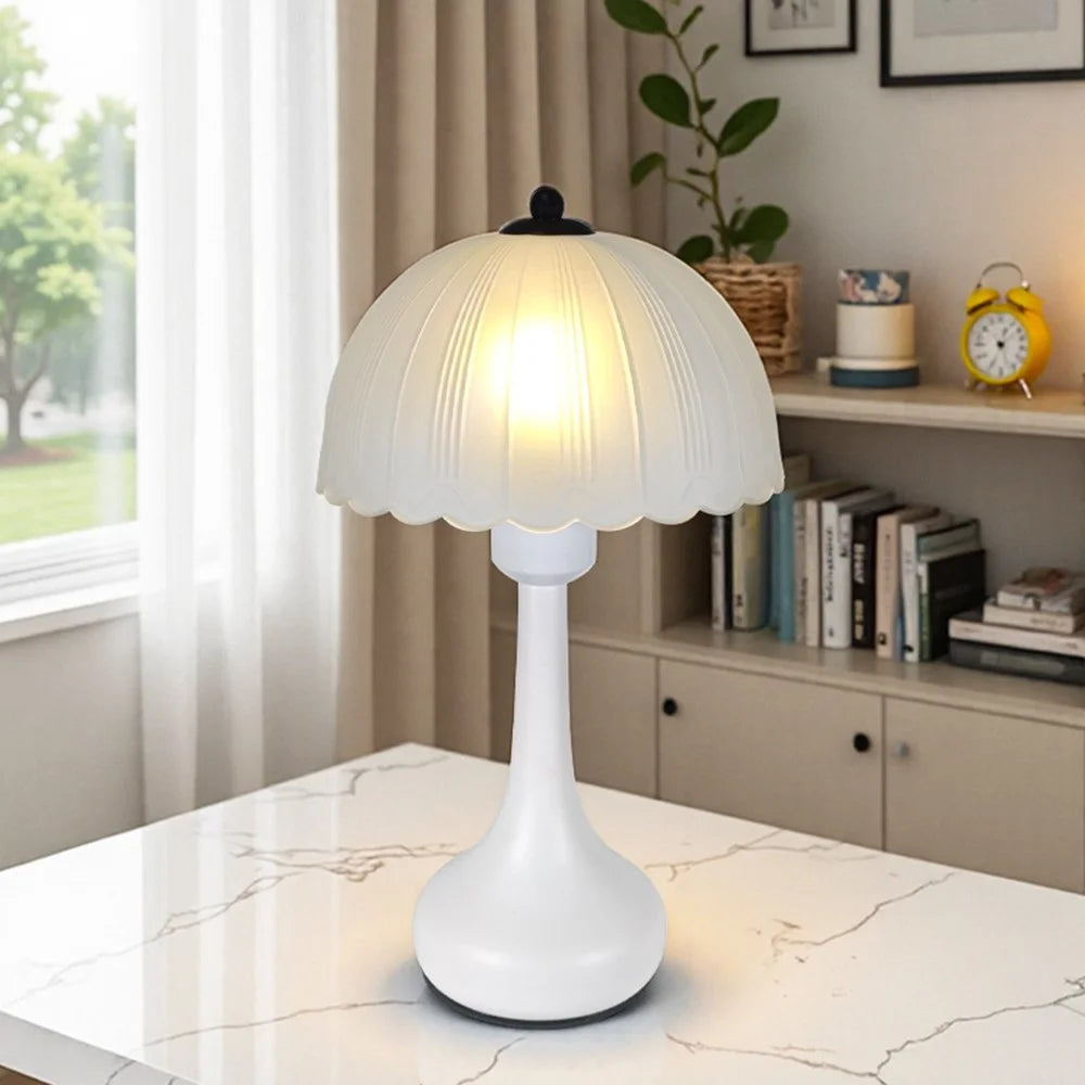 Nordic Style Bedside Table Lamp 12W 3 Brightness Levels Dimmable Night Light Glass Petal Design for Bedroom / Study, EU Plug - White - 2