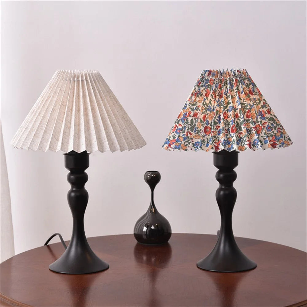 Nordic 7W Table Lamp 3 Color Dimmable Pleated Lamp Flicker-Free Eye-Care Night Light with Iron Base for Bedroom, EU Plug - Floral Print Lampshade - 5