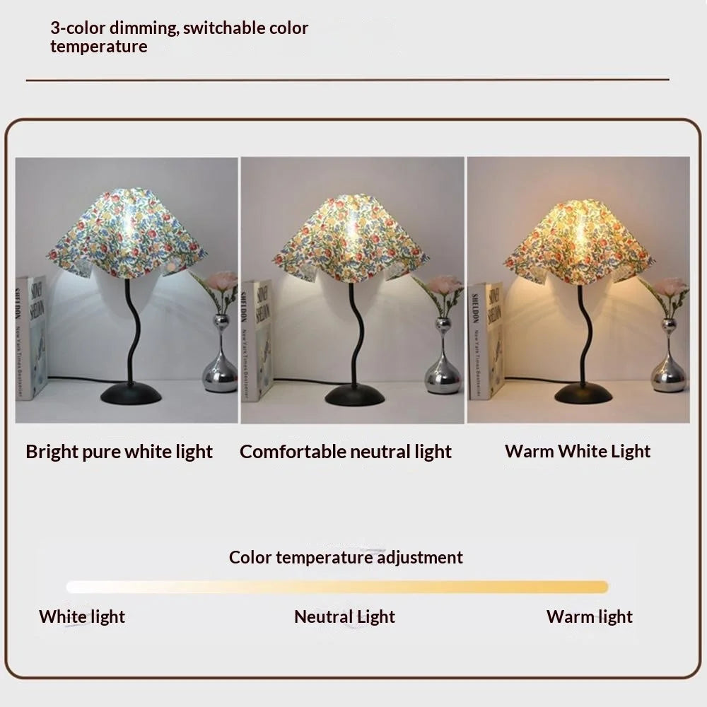 7W Bedroom Petal Bedside Lamp 3-Color Dimmable Table Lamp Flicker-Free Eye-Care Light with Metal Base for Home, EU Plug - Rustic Petal Lampshade - 3