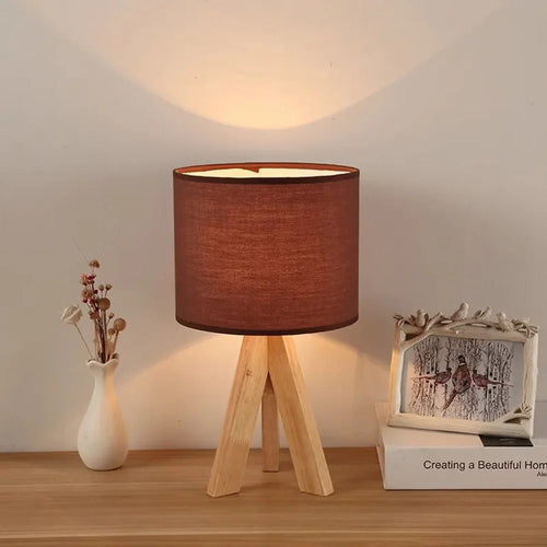 5W Bedroom Bedside Lamp Modern Minimalist LED Lamp Flicker-Free Eye-Care Warm Light with Wood Base for Home, EU Plug - Wine Red - 1