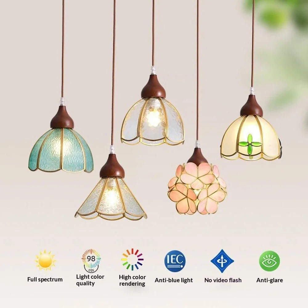 French Retro Chandelier Water Ripple Glass Ceiling Light 3 Color Dimmable Pendant Light for Dining Room Bar Bedroom - Model A  /  Walnut - 5