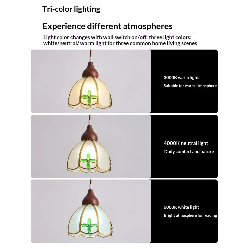 French Retro Chandelier Water Ripple Glass Ceiling Light 3 Color Dimmable Pendant Light for Dining Room Bar Bedroom - Model A  /  Walnut - 6
