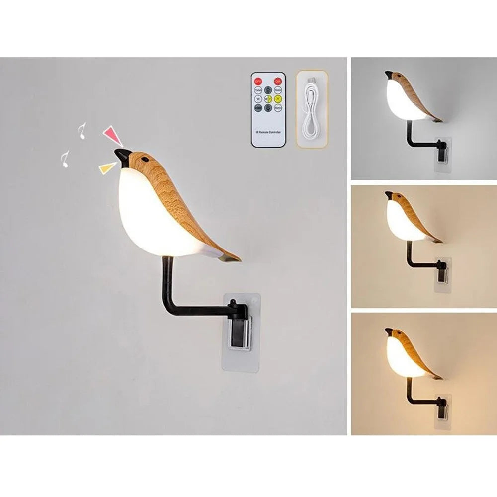 Creative LED Magpie Wall Lamp with Sound Touch  /  Remote Control Night Light USB Charging Aromatherapy Decor Light - Yellow Wood Grain - 1