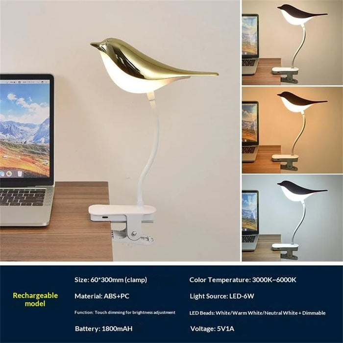 Rechargeable Bird Clip-On Lamp Eye-Care LED Reading Light with Adjustable Brightness  /  Color Temperature for Home Bedroom - Gold - 2