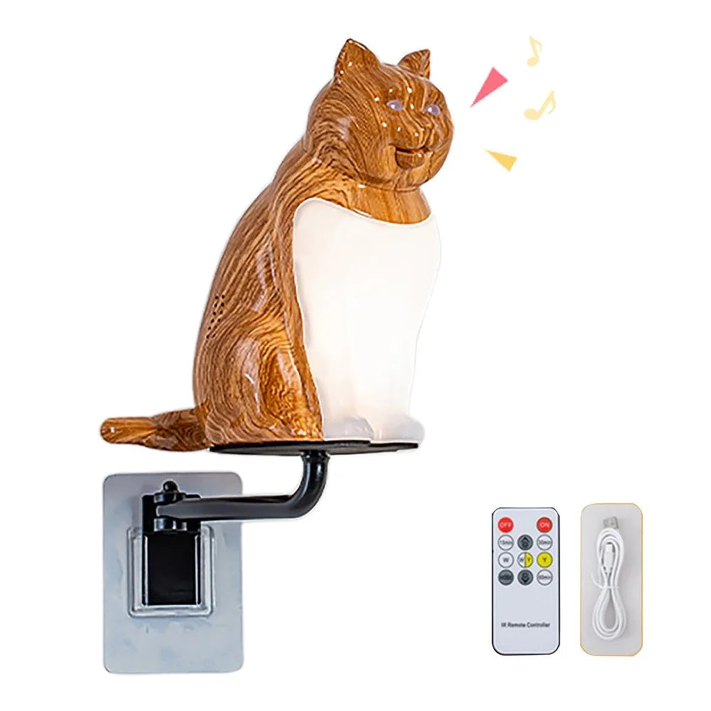 Creative Cat Ornament Wall Lamp USB Rechargeable Night Light with Sound and Aromatherapy Function for Bedroom Hallway - Maple Wood Grain - 1