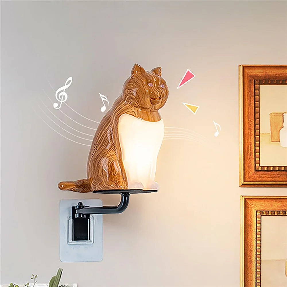 Creative Cat Ornament Wall Lamp USB Rechargeable Night Light with Sound and Aromatherapy Function for Bedroom Hallway - Maple Wood Grain - 3