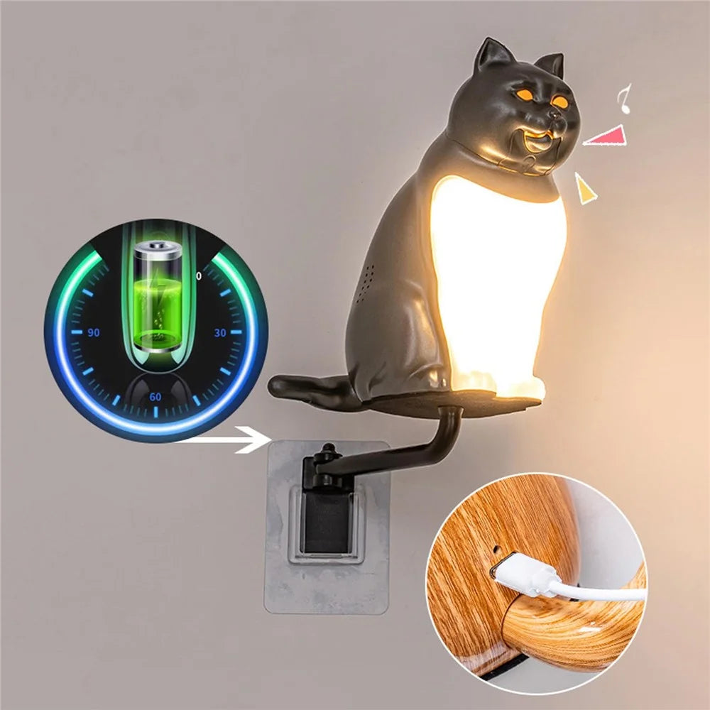Creative Cat Ornament Wall Lamp USB Rechargeable Night Light with Sound and Aromatherapy Function for Bedroom Hallway - Maple Wood Grain - 4